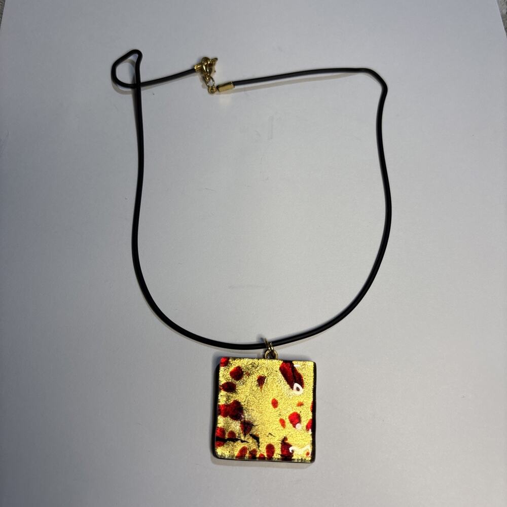 Murano Pendant Necklace Red Gold Black Foil Fused Venetian Abstract Cord 17”